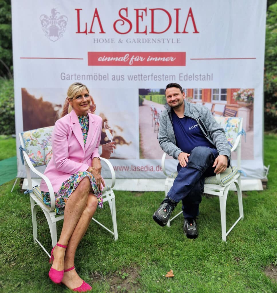 People at La Sedia advertising shoot for garden furniture.