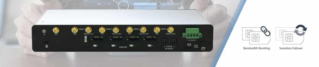"Ascend Max HD4 Router Multi-Celular" - Un router de alta tecnología con múltiples antenas y ranuras para tarjetas SIM para soportar una conexión a Internet fiable y rápida a través de múltiples redes móviles. La imagen muestra el dispositivo desde arriba y sus diversas conexiones y LED.