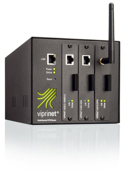 "Ascend Viprinet Multichannel VPN Router 300" - A powerful VPN router with multiple channels to support a reliable and secure network connection. The picture shows the device from above and its various connections and LEDs on a clear surface.