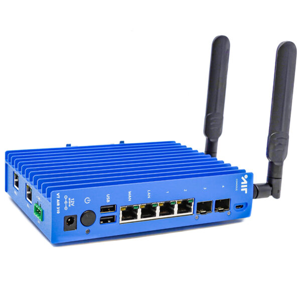 Router WLAN azul con dos antenas