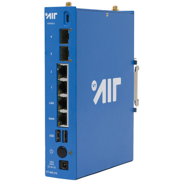 Blue network device with connections and logo.