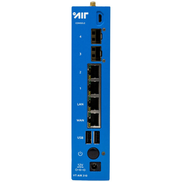 Blue network device with Ethernet ports and USB connection.