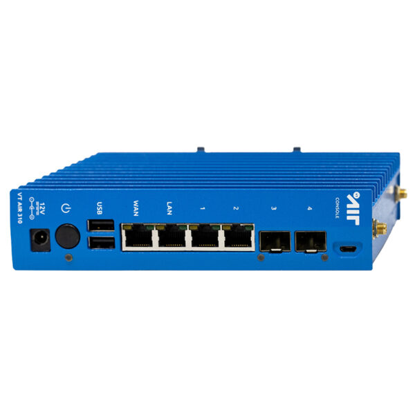 Blue network router with LAN and WAN connections.