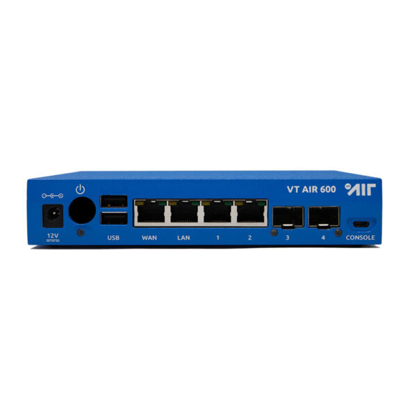 Router de red VT AIR 600 azul con conexiones.