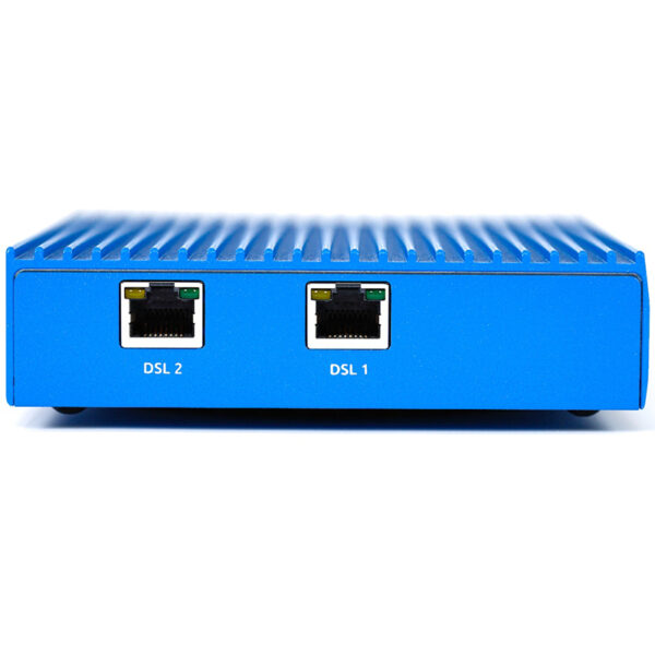 Blue DSL router with two connections.