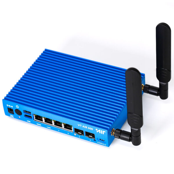 Router WLAN azul con dos antenas.