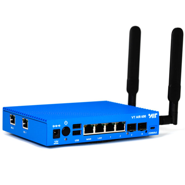 Blue WLAN router with two antennas and interfaces.