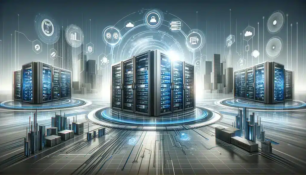 Professional header image for an article about KVM virtualization, represented by a modern and innovative technology environment with servers, network infrastructure and graphics of virtual machines. The design is sleek and futuristic, in keeping with the theme of virtualization and IT solutions.