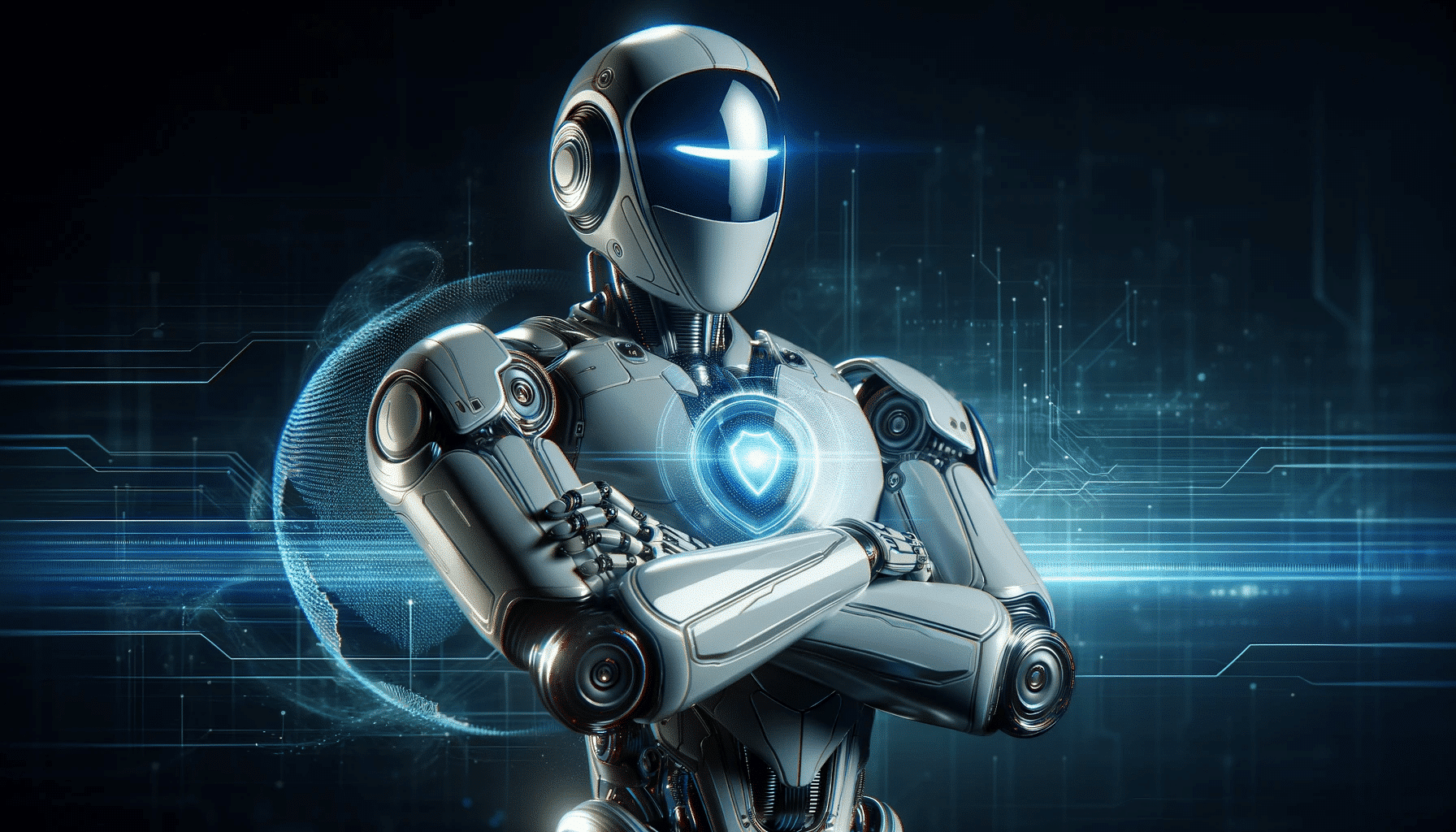 Futuristischer Roboter symbolisiert IT-Sicherheit in Nürnberg, steht für fortschrittlichen Schutz und technologische Kompetenz.
