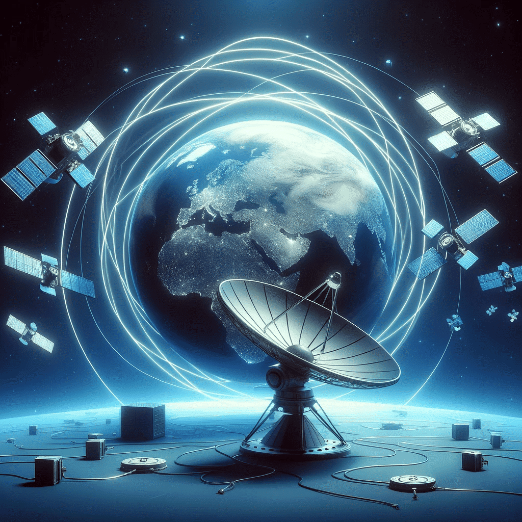Satellitenschüssel richtet sich auf umkreisende Satelliten für globale Internetverbindung