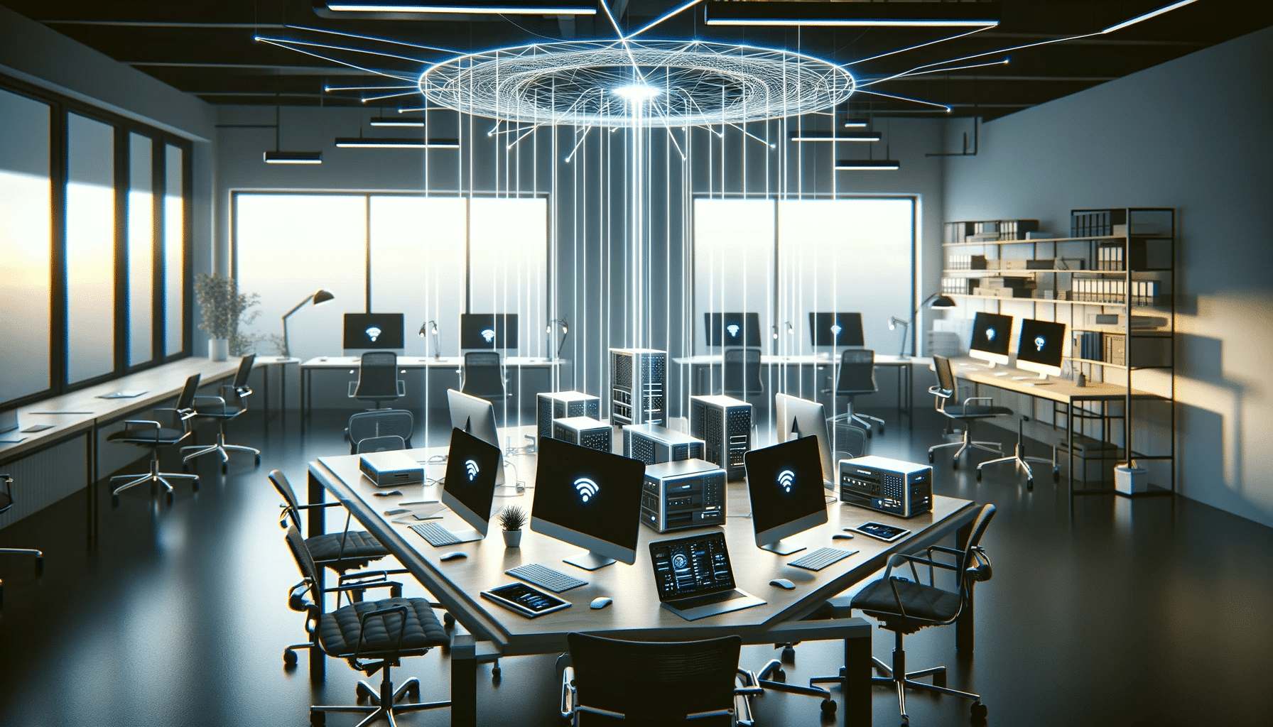 Moderno puesto de trabajo de oficina con equipos de alta tecnología.