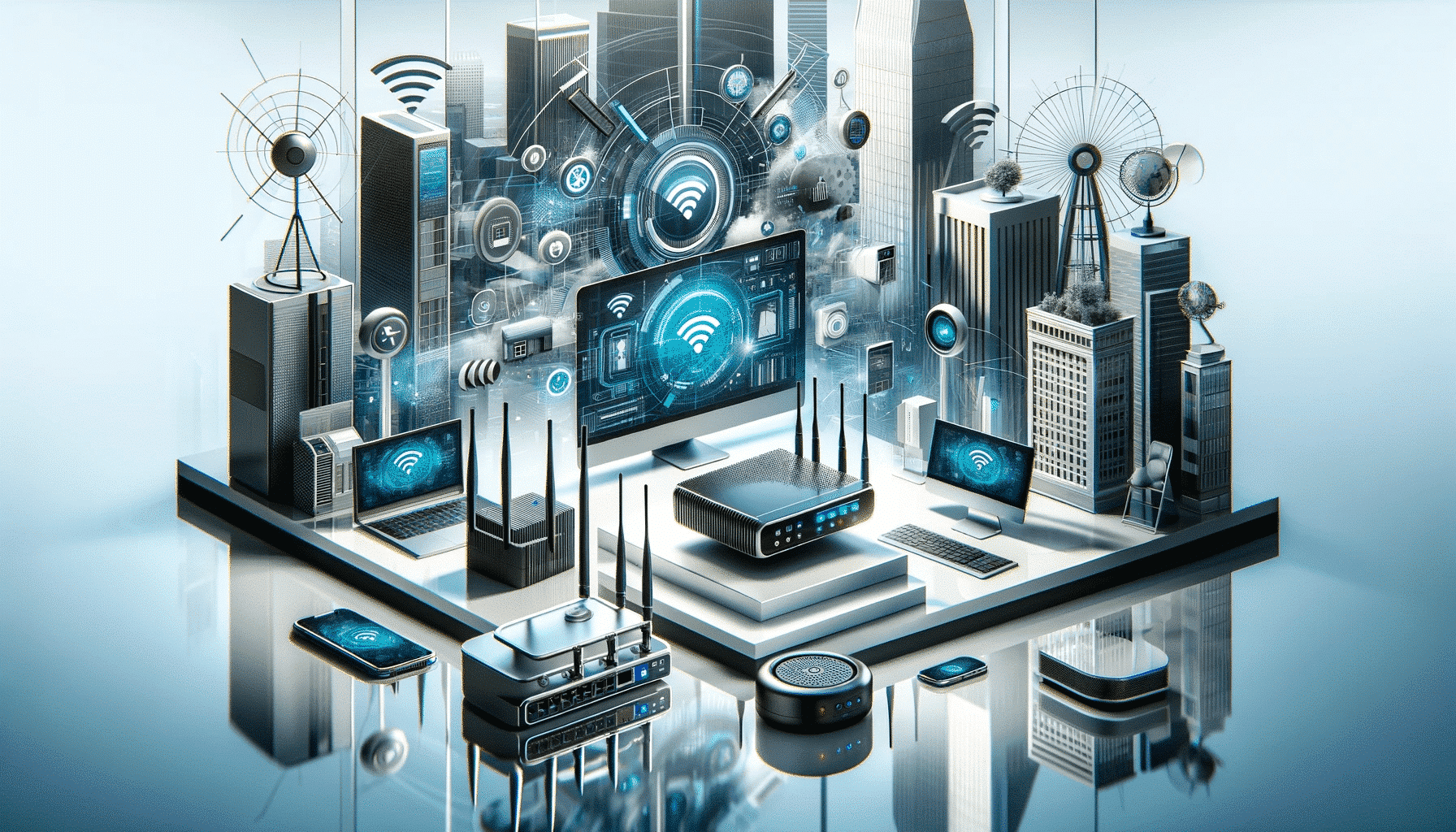 Moderna immagine di intestazione per un sito web, che mostra una serie di soluzioni di connettività internet, tra cui un router Wi-Fi, dispositivi hotspot mobili, cavi di rete e antenne, disposti in un ambiente tecnicamente avanzato e affidabile, adatto a uffici, eventi e aree esterne.