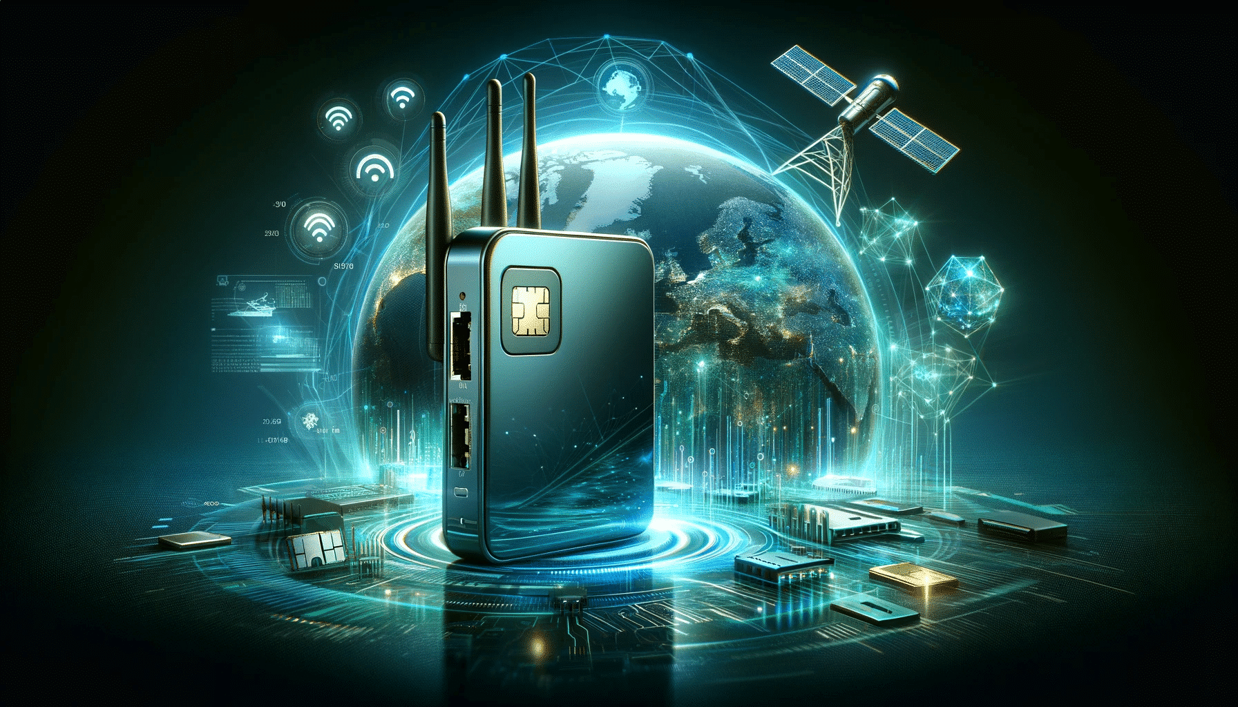 Modernes Design eines mobilen Routers mit SIM-Karten-Slot, umgeben von Symbolen für Netzwerkkonnektivität, digitalen Datenströmen und Satellitenbildern, die die Integration von Starlink-Technologie darstellen, auf einem futuristischen, digitalen Hintergrund in kühlen Blau- und Grüntönen, symbolisch für fortschrittliche mobile Internettechnologie.