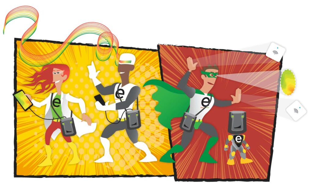Ilustración de superhéroes de cómic con motivos tecnológicos.