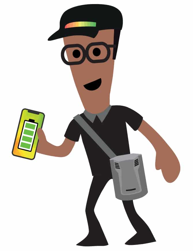 Ilustración: Persona con smartphone y batería llena.