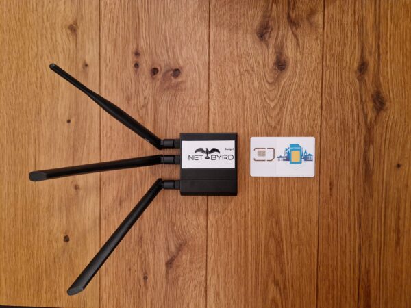 WLAN-Router mit drei Antennen und Netzwerkkarte auf Holztisch.