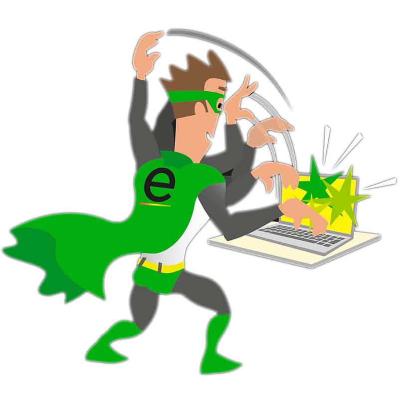 Un super-héros détruit un ordinateur portable avec des pouvoirs.