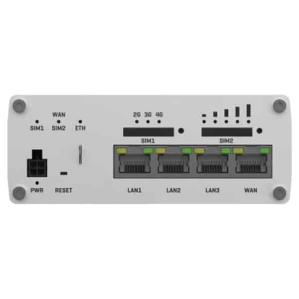 Industrieller Router mit SIM-Kartenslots und Ethernet-Anschlüssen.