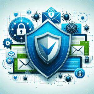 Visuelle Darstellung von E-Mail Sicherheitskonzept mit Symbolen wie Schutzschilden und Vorhängeschlössern.