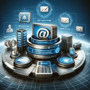 Moderne Darstellung eines Hosted Exchange Services mit E-Mail-Interface und Sicherheitsfunktionen.