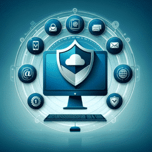 Moderne Darstellung einer integrierten IT-Sicherheitssuite mit Symbolen für E-Mail, Computer und Schutzschild.