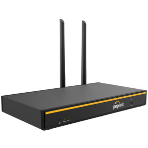 Black WLAN router with two antennas.