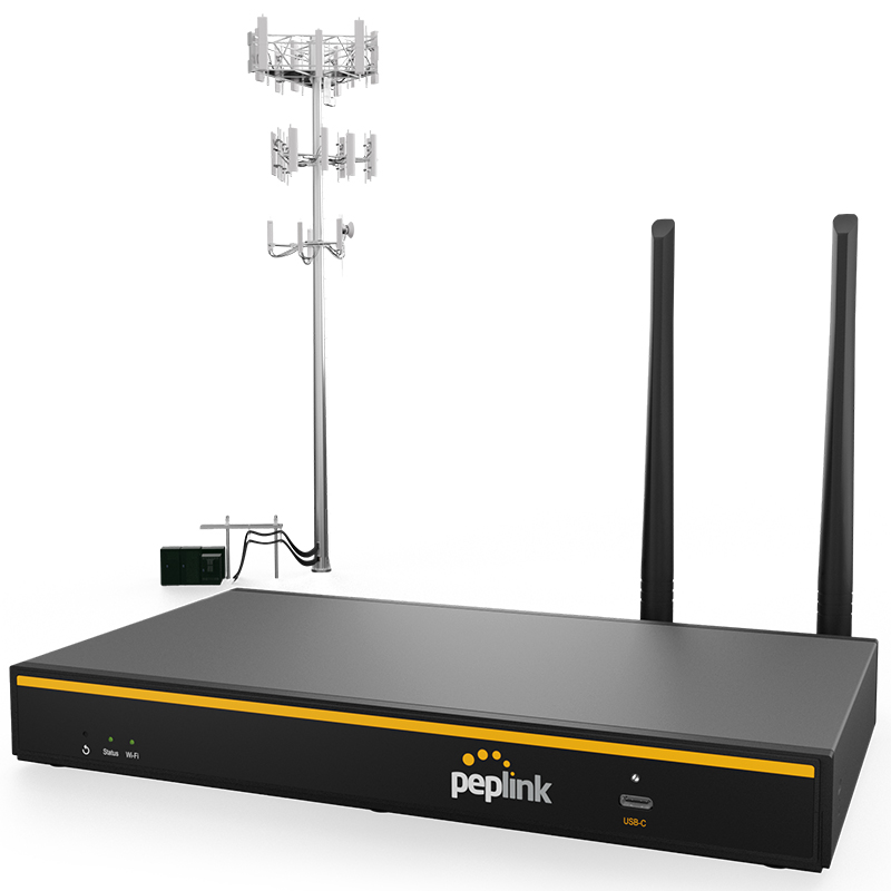 Peplink router with antennas and cell phone mast.