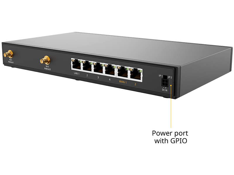Switch di rete con porte WAN/LAN e connessioni per l'antenna.