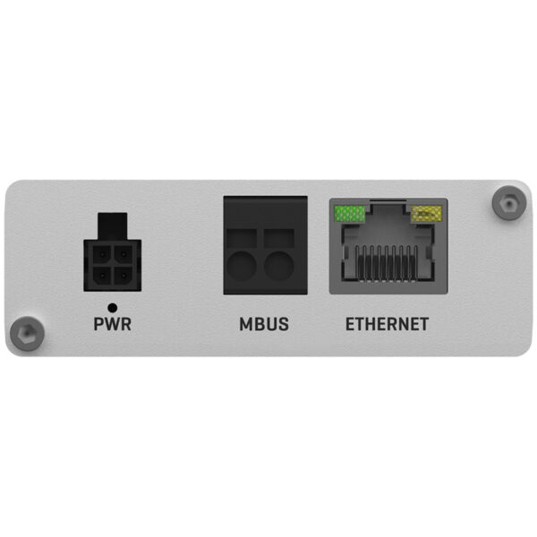 Netzwerkanschlüsse mit Ethernet, M-Bus und Stromversorgung.