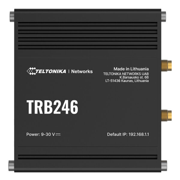 Teltonika TRB246 industrial router, manufactured in Lithuania.
