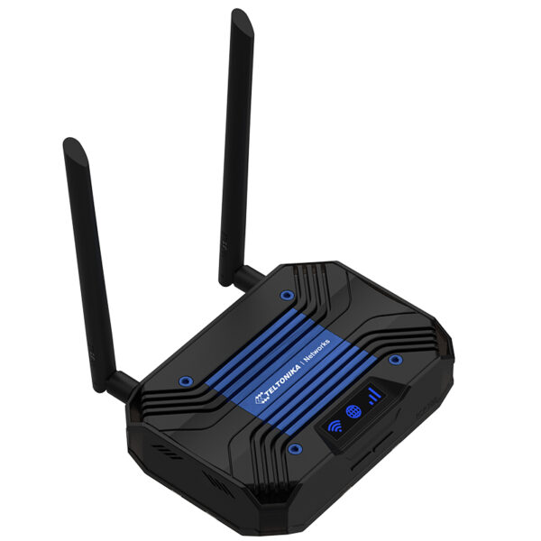 Black WLAN router with two antennas.