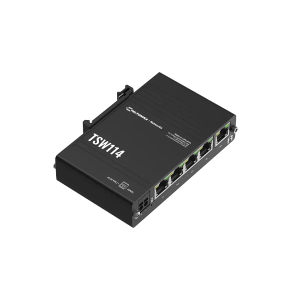 Black Ethernet switch with 5 ports.