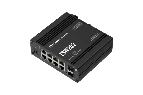 Black network switch with five ports.