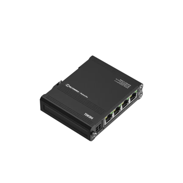Black network switch on a white background.
