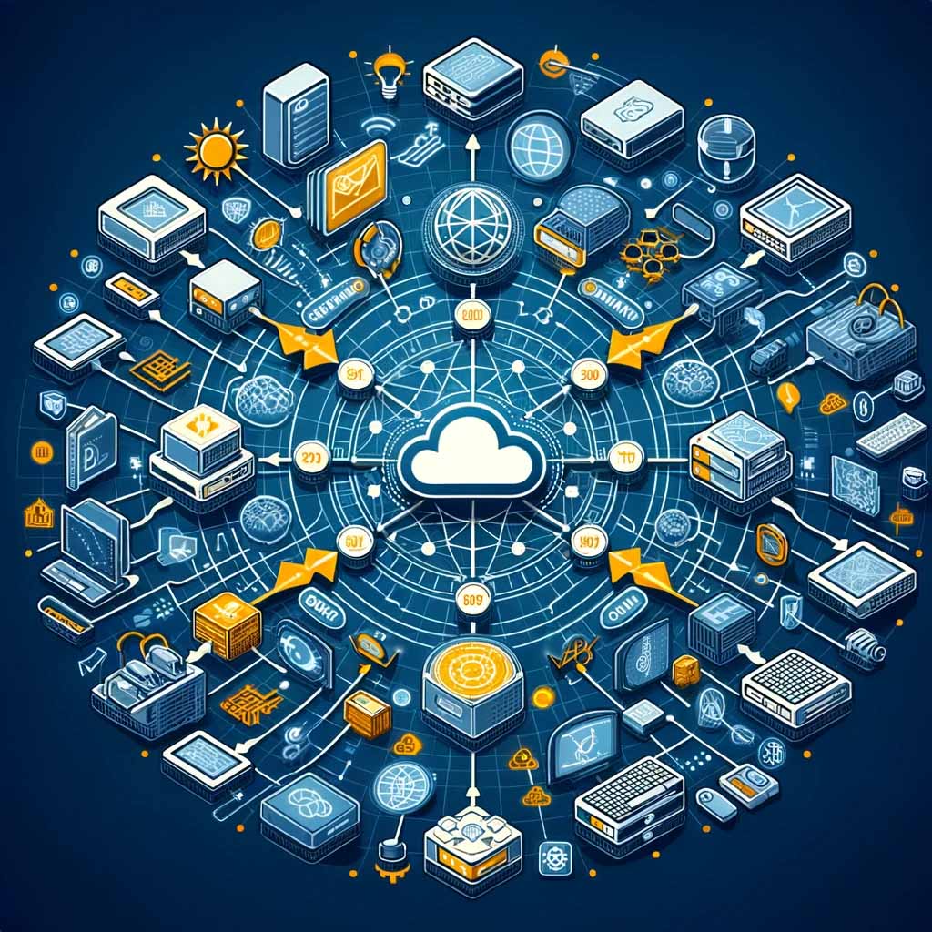 Isometric vector illustration of the cloud computing infrastructure.