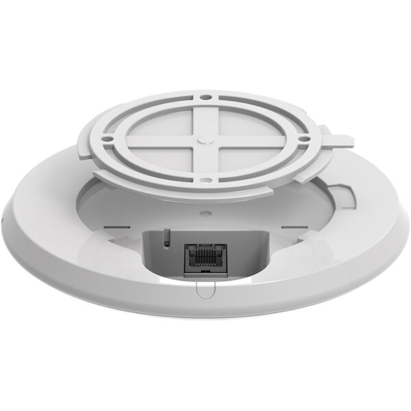 White smoke detector underside with mounting plate and connections.