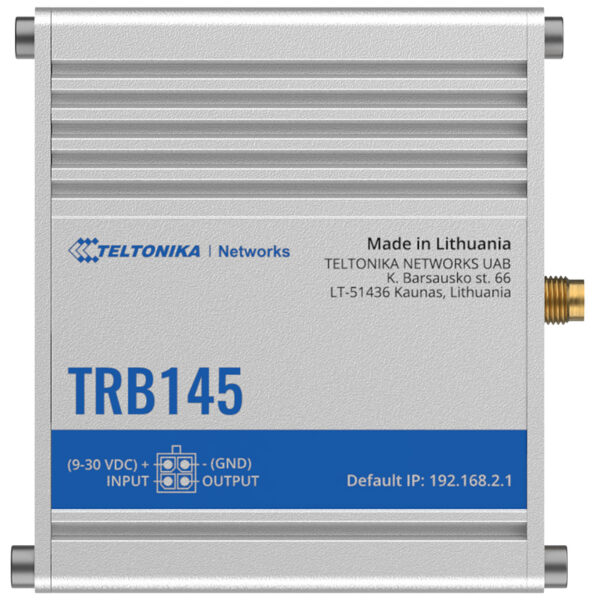 Teltonika TRB145 industrial LTE gateway, manufactured in Lithuania.