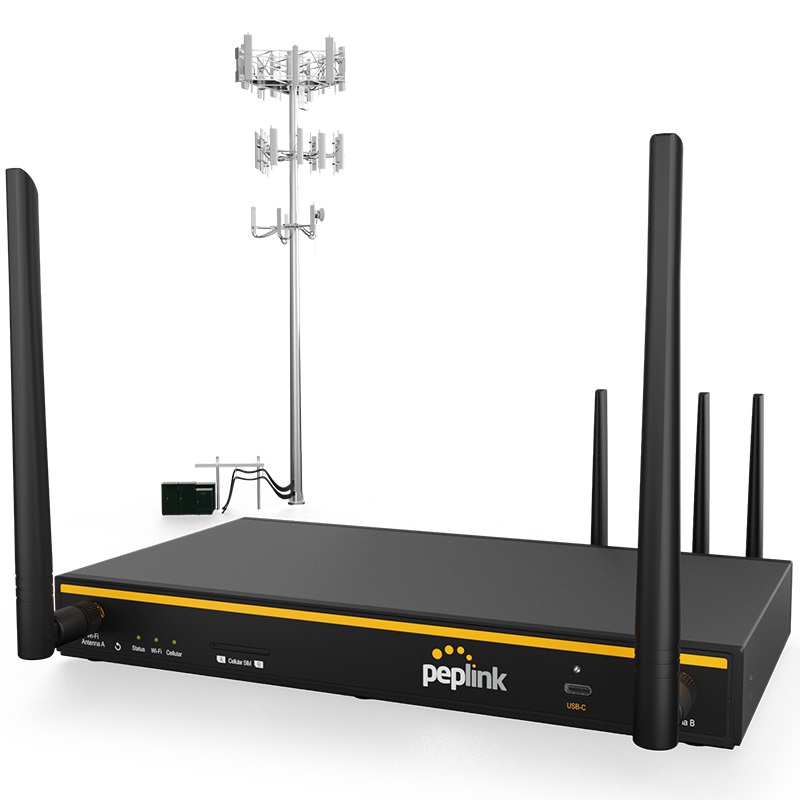 Peplink WLAN-Router und externer Mobilfunkmast.