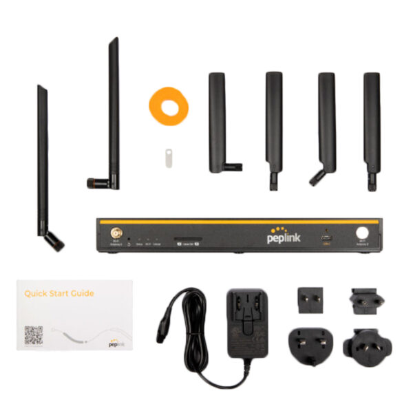 Peplink router with antennas and accessories.