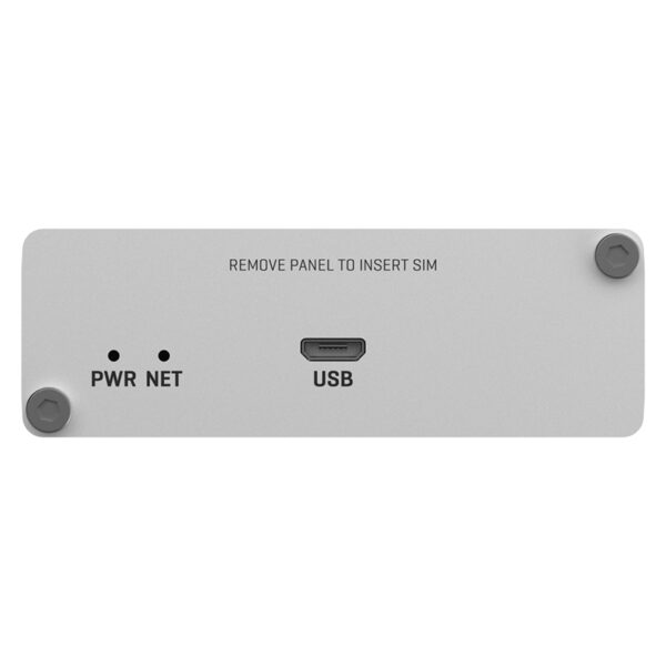 Front panel of the Teltonika TRM250 router with connections for power supply, network status and USB, as well as a label for removing the panel for the SIM card slot.