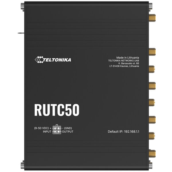 Teltonika RUTC50 router from above in black housing with visible manufacturer information and side connections.