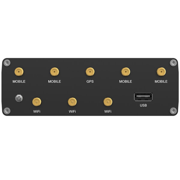Front of the Teltonika RUTC50 router with connections for mobile, GPS, WiFi and USB, all clearly labeled.
