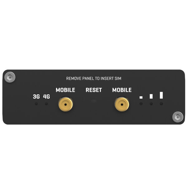 Pannello posteriore del router Teltonika TRB160 con connessioni per le connessioni mobili, pulsante di reset e slot per la scheda SIM.