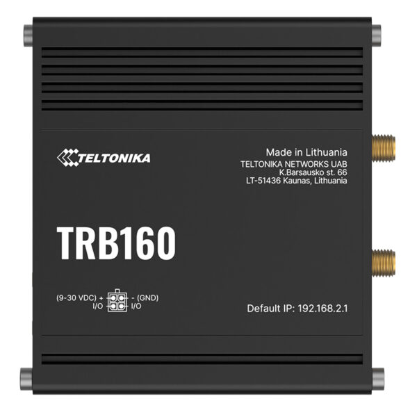 Teltonika TRB160 Router in kompaktem, schwarzem Gehäuse mit seitlichen Anschlüssen und Herstellungsinformationen.