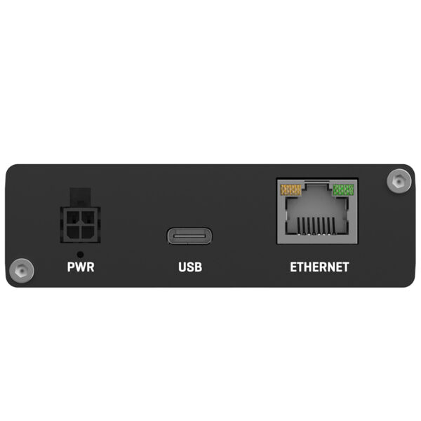 Front panel of the Teltonika TRB160 router with connections for power supply, USB and Ethernet.