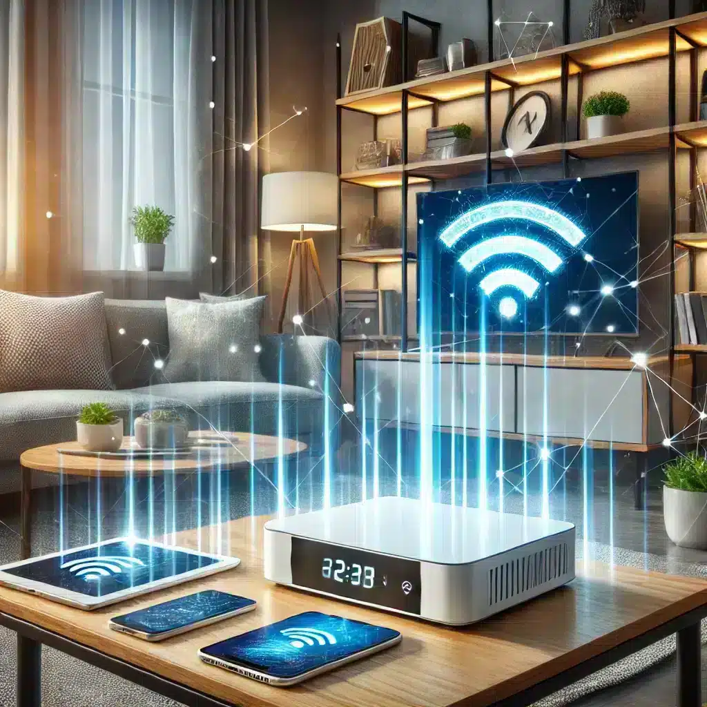 Smart home living room with WLAN devices.