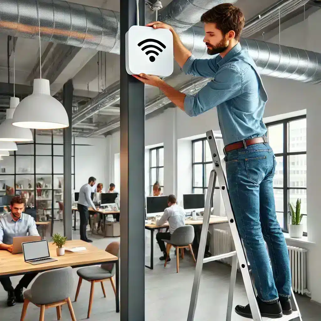 Un hombre instala una WLAN en la oficina