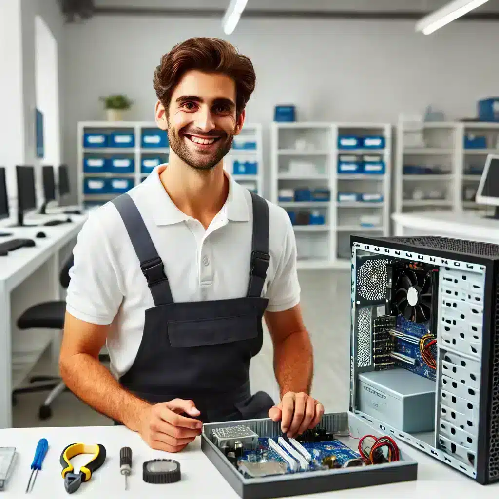 Técnico trabajando en un PC en un centro de servicio moderno