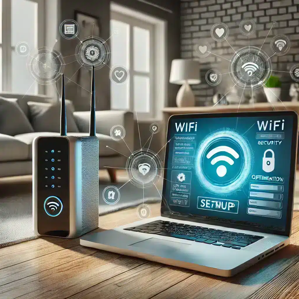 El portátil muestra la configuración WiFi en un salón moderno.