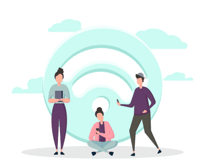 Persone con dispositivi davanti al simbolo del Wi-Fi